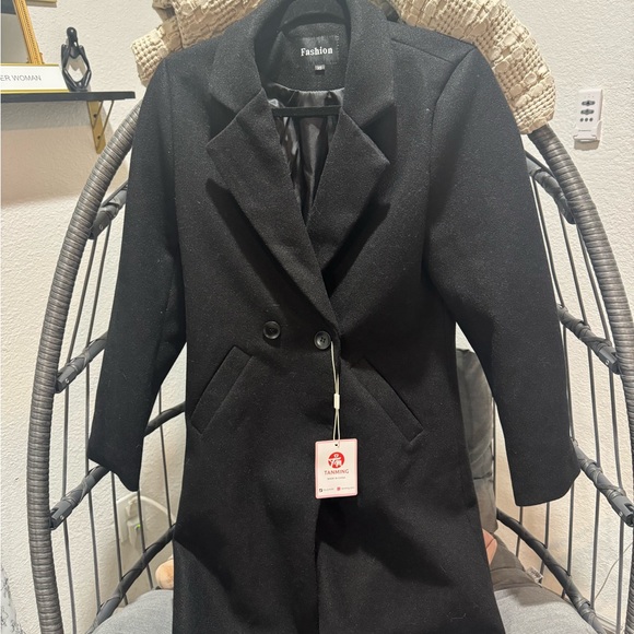 Tanming Women's Notch Lapel Double Breasted Wool Blend Mid Long Pea Trench Coat - Picture 1 of 4
